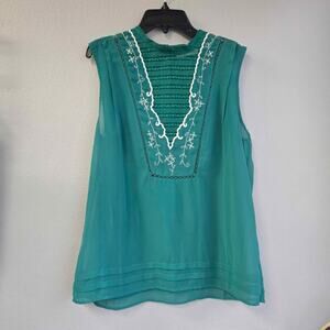 Hinge Teal Embroidered Lace Inset Sleeveless Blouse